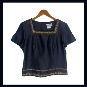 Vintage Embroidered Black Top Size 12 Square Neck Button Back Jessica Howard